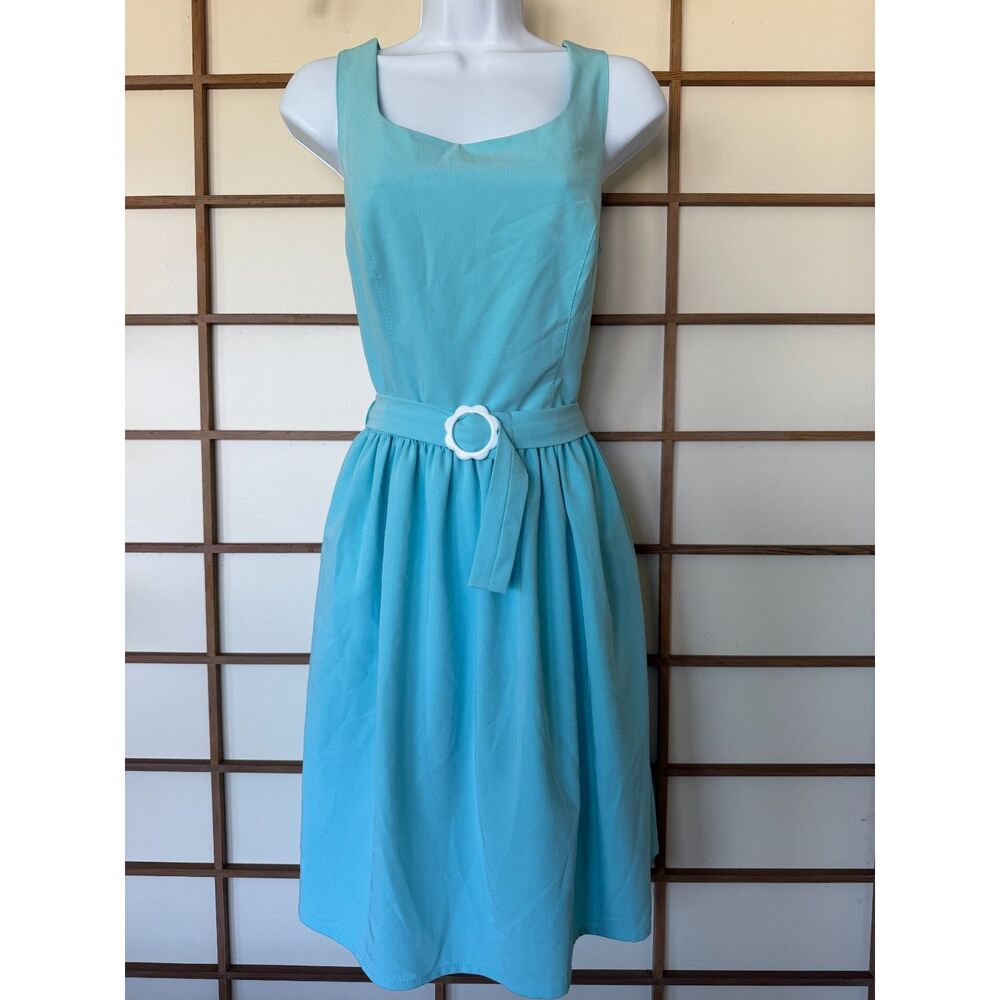 Rock Steady Aqua Blue Retro Pinup Belted Dress Size L Made in USA